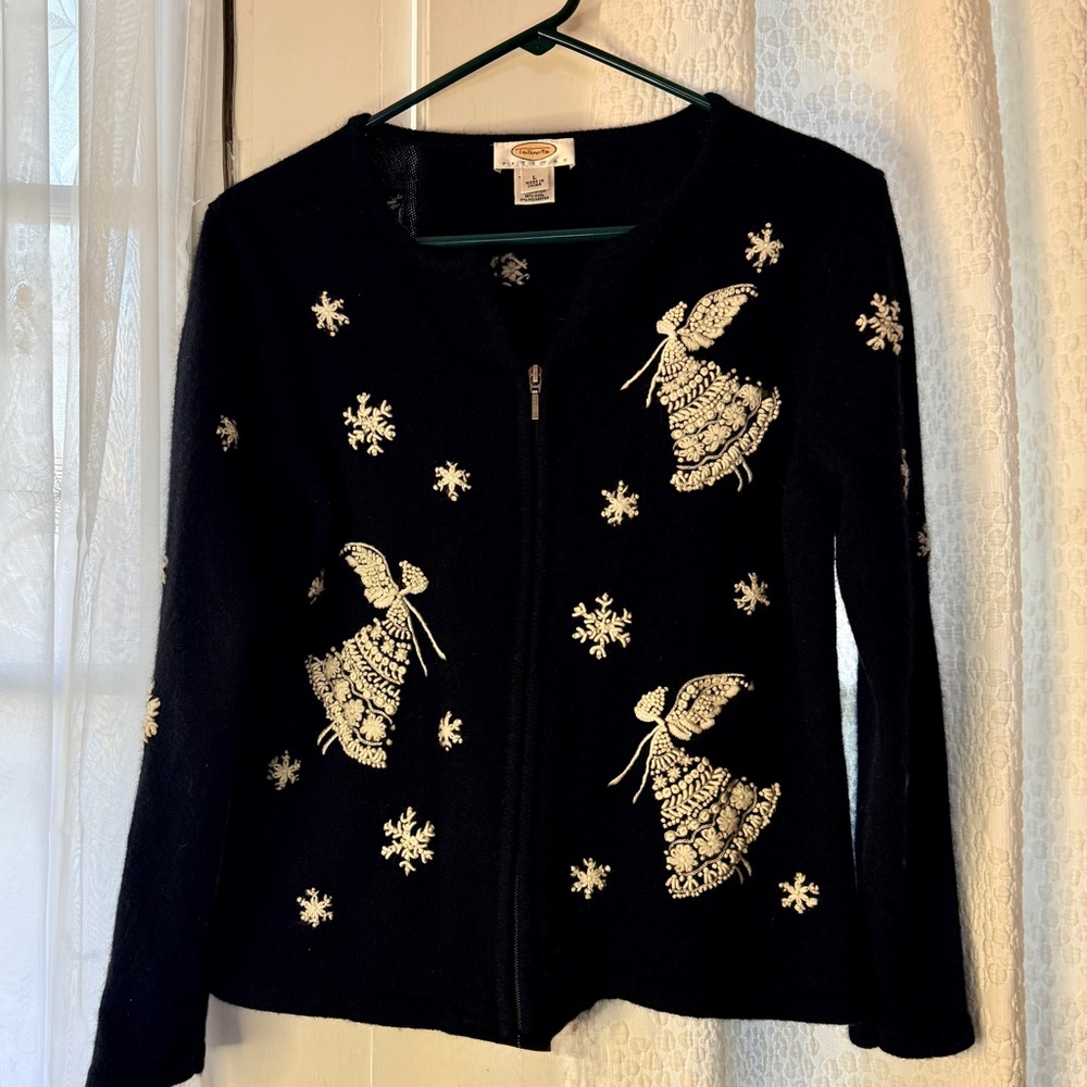 Talbots Black Cardigan with Angel and Snowflake Design